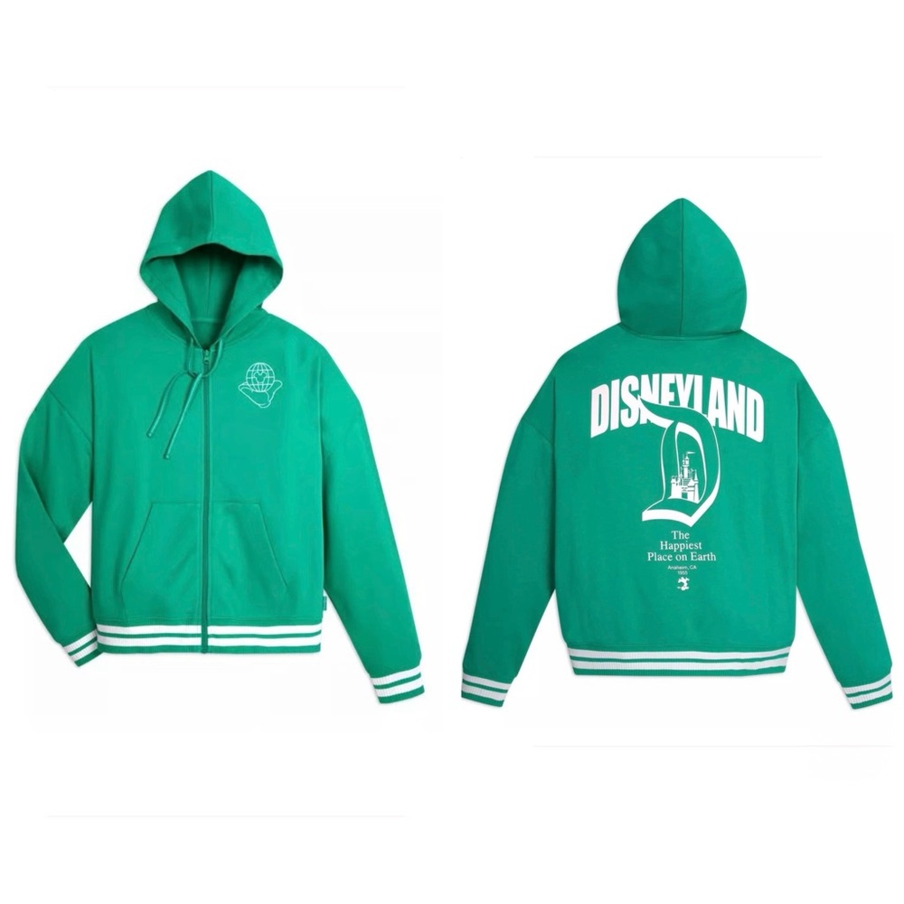 Disneyland Green Disney Zip Up Hoodie Sweater XS Varsity Ribbed Hem Graphic Back